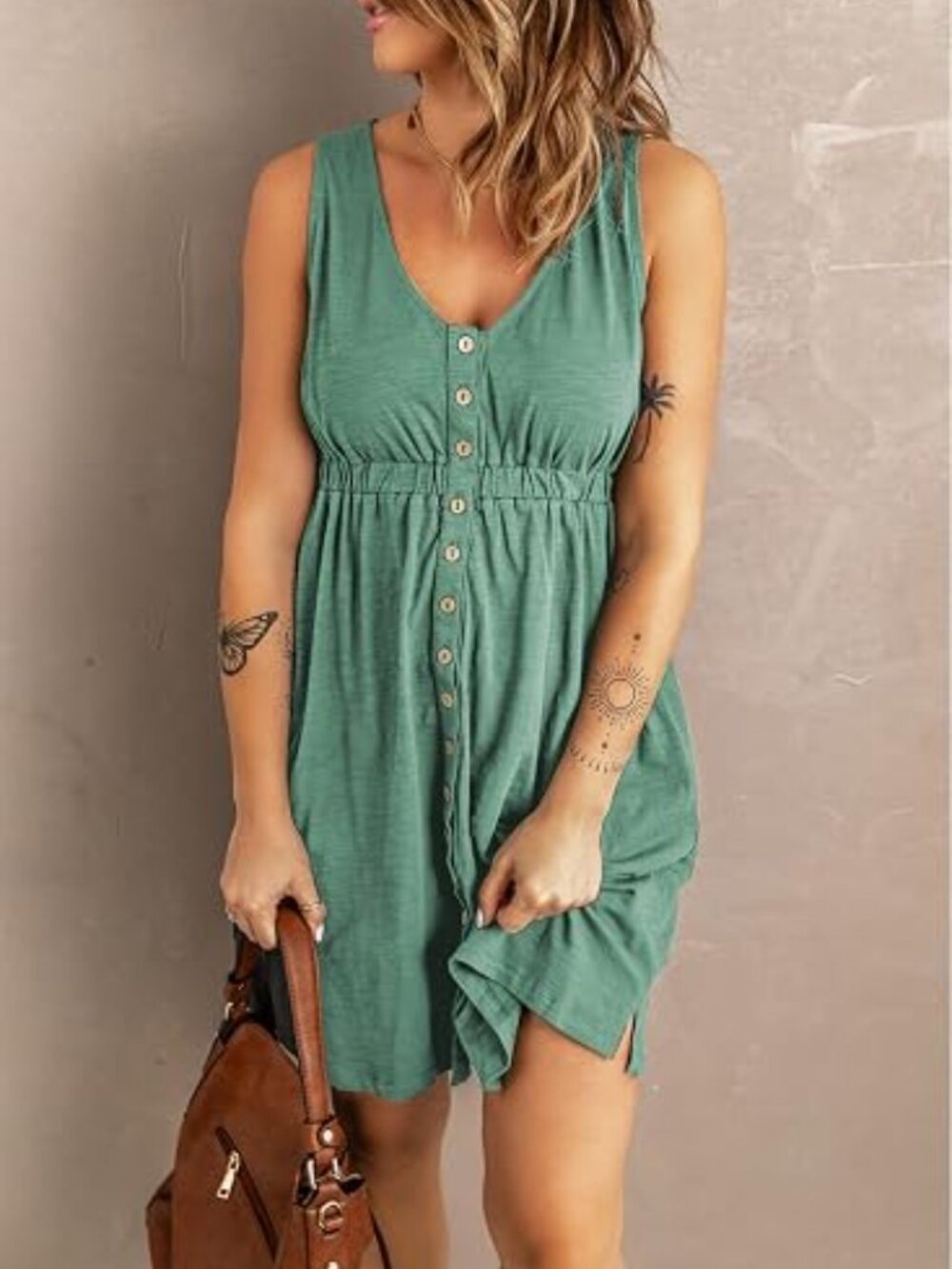 Acelitt Women's Green Summer Casual Sleeveless Button Down Elastic Waist Dress-S